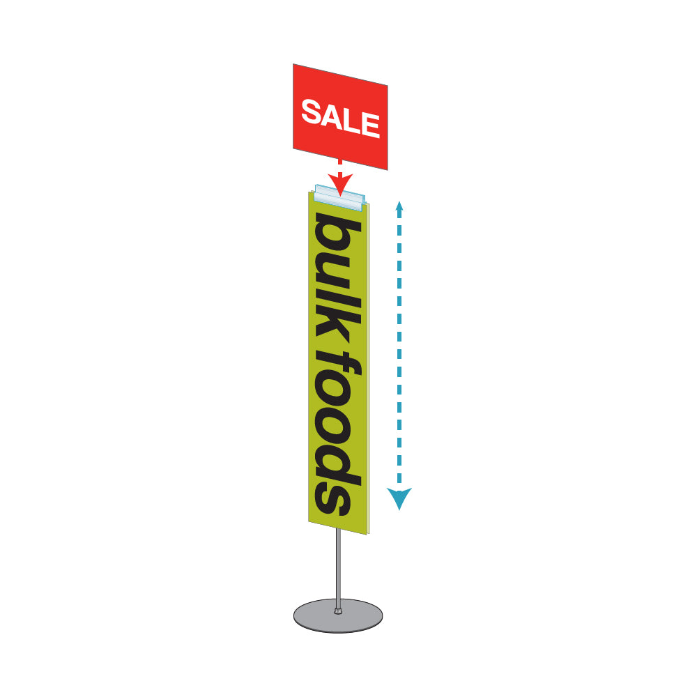 An illustration of the PowerGrip Three Grip, Round Plate, Adjustable Sign Holder holding signage and with an arrow to indicate telescopic height