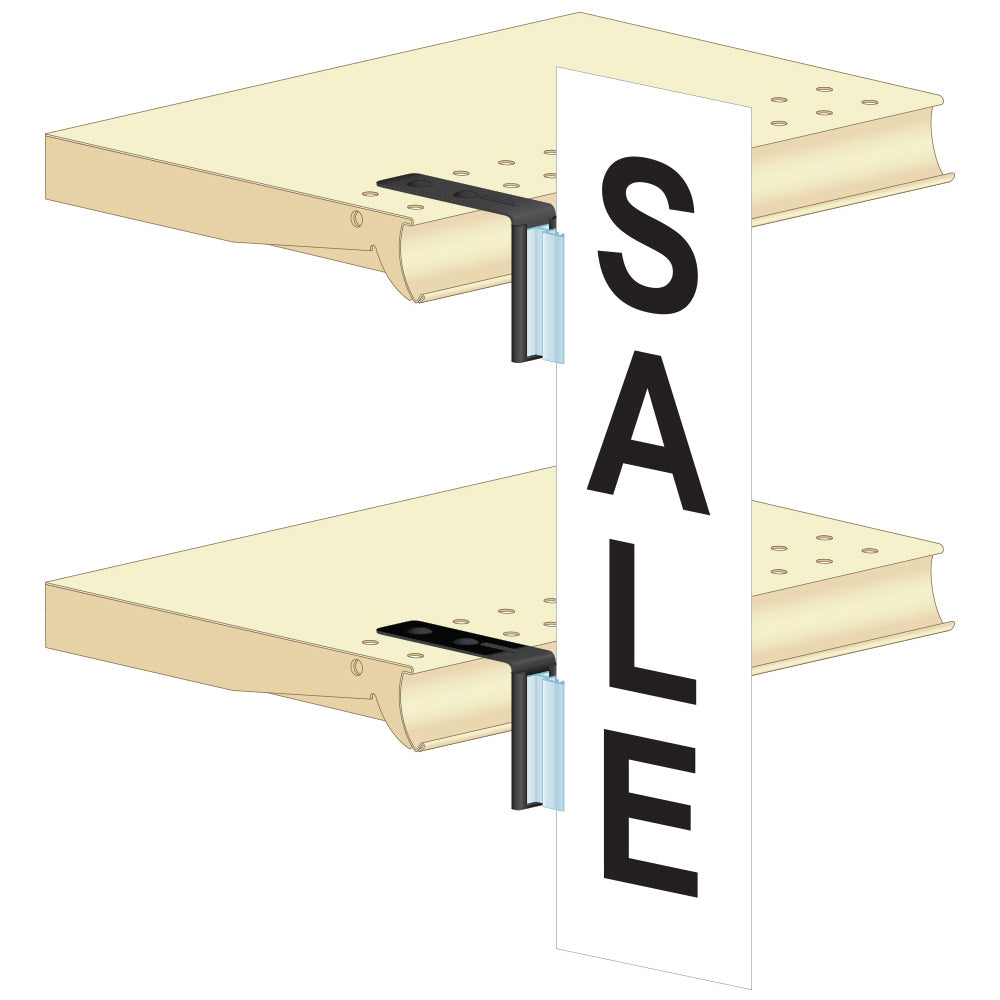 An illustration of the Top Mount, Right Angle, Aisle Sign Holders in black installed on two shelf edges holding a large sale sign