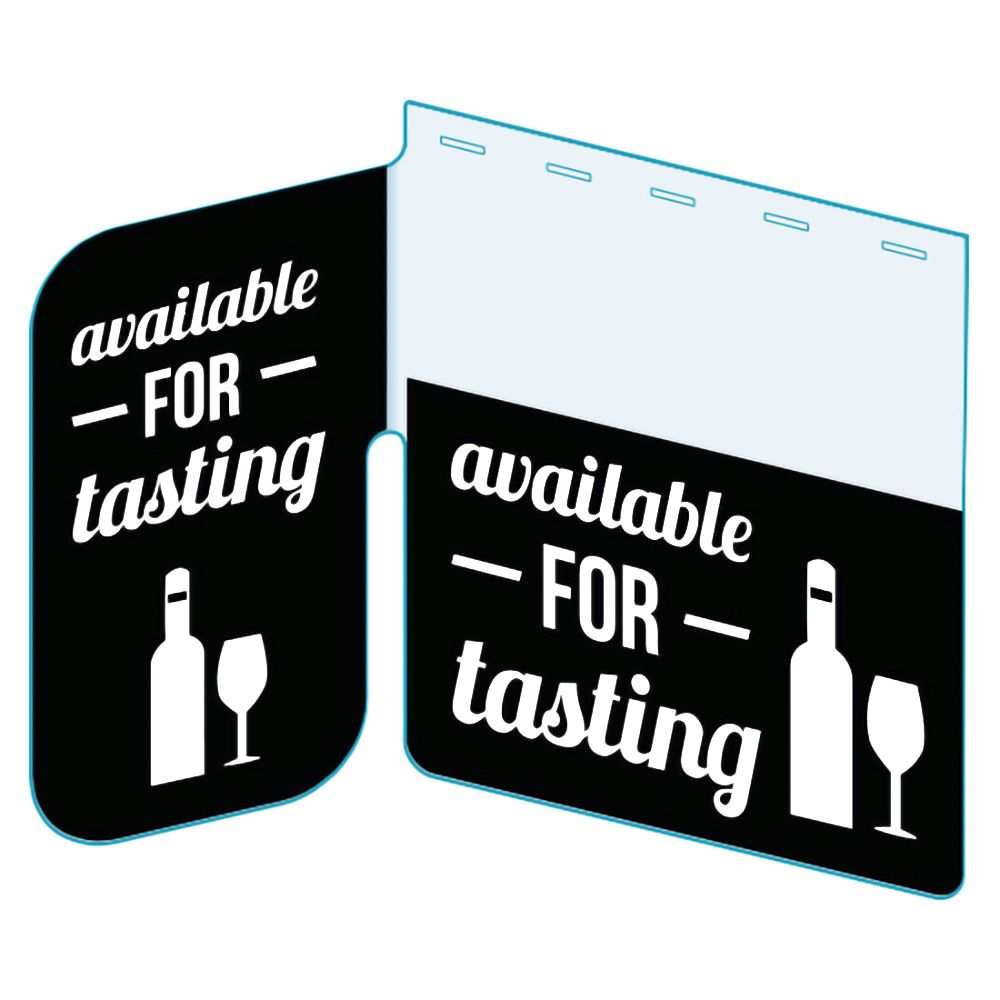 An illustration of the "Available for Tasting" Bib with Right Angle Flag ClearGrip ShelfTalkers