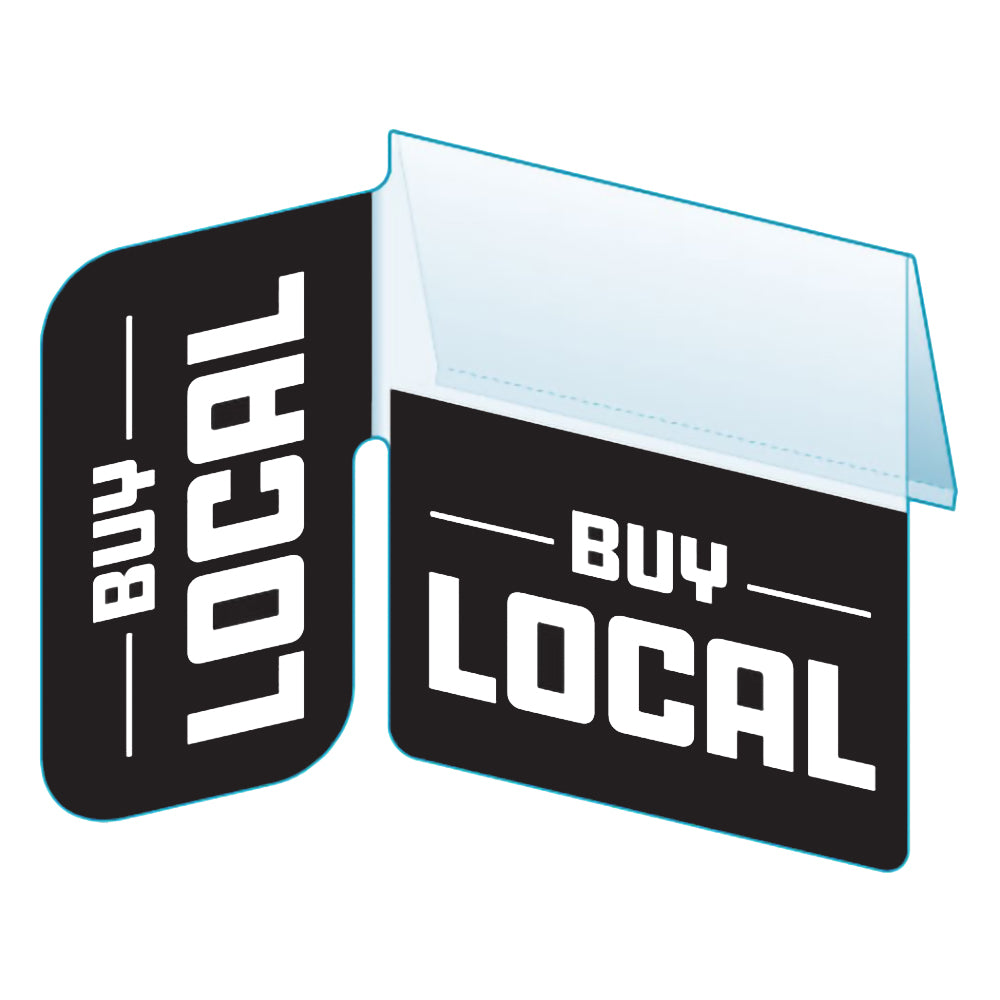 An illustration of the "Buy Local" Bib with Right Angle Flag ClearVision ShelfTalkers