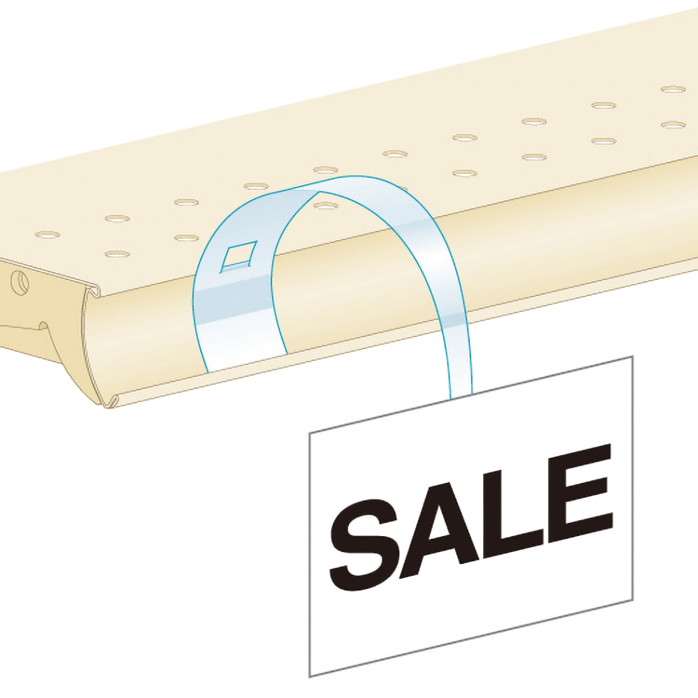 An illustration of the Dangler ShelfTalker installed into a shelf edge and holding a "sale" sign