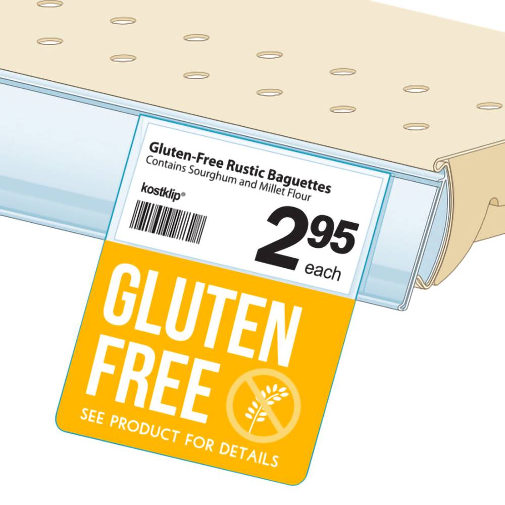 An illustration of the yellow "Gluten Free" Bib ClearVision ShelfTalkers installed into a ticket molding on a shelf edge.