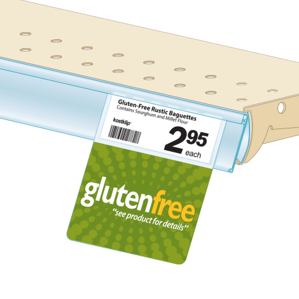 An illustration of the Signature Series, ClearGrip "Gluten Free" Bib ShelfTalker installed into a ticket molding on a shelf edge