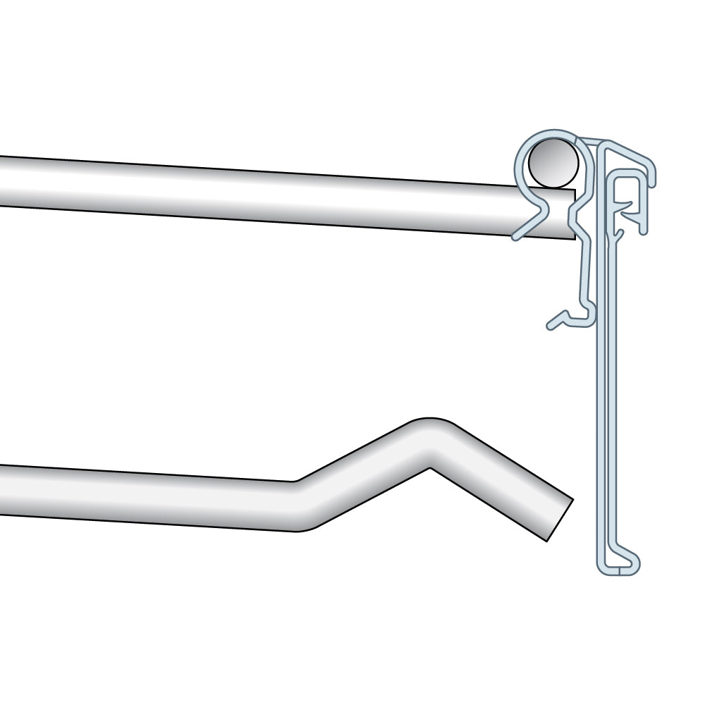 A profile illustration of the ClearGrip Small Plate or T-Wire, Swing Up Label Holder installed on a T-wire scanning hook