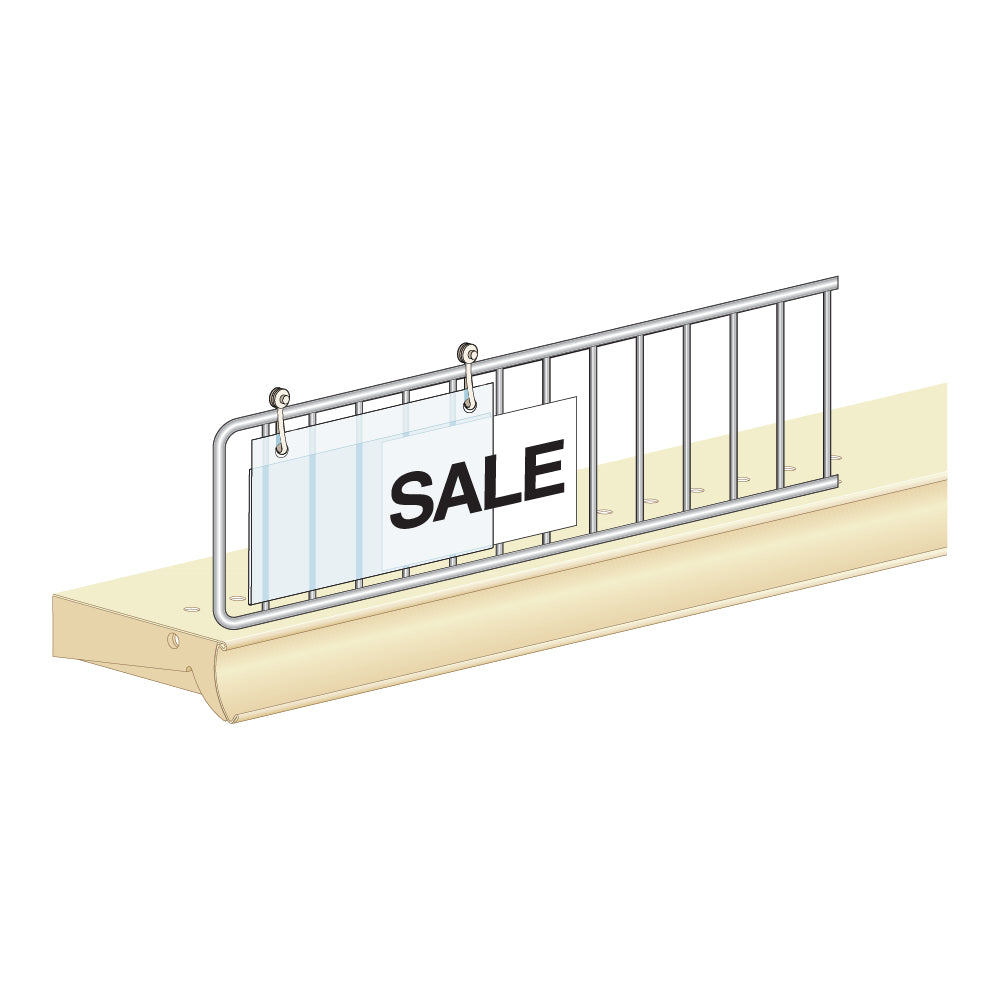 An illustration of the Fence, with Button Clips Label Holder attached to a wire fence with a "sale" ticket being inserted