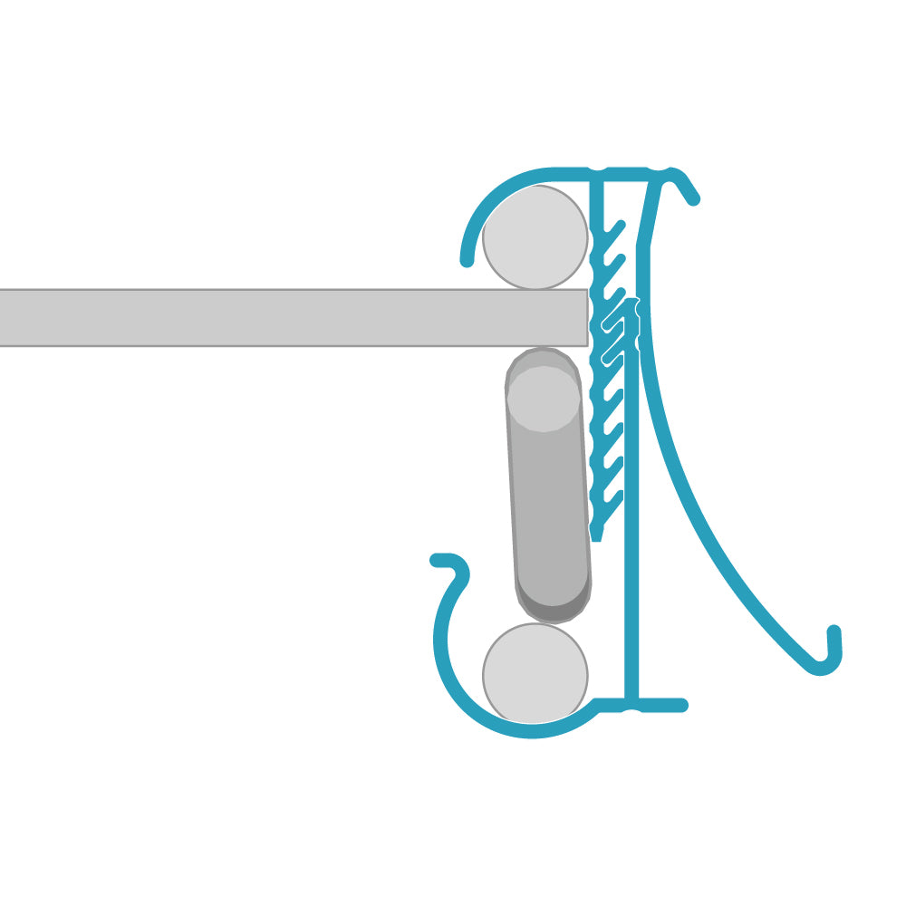 A profile illustration of the FlexKlip Large Shelf Adapter in clear, installed on a metro style shelf edge