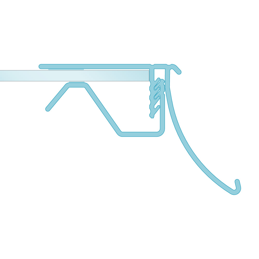 A profile illustration of the FlexKlip Ratchet, Glass and Single Wire Shelf Adapter in clear installed on a glass shelf with a price ticket
