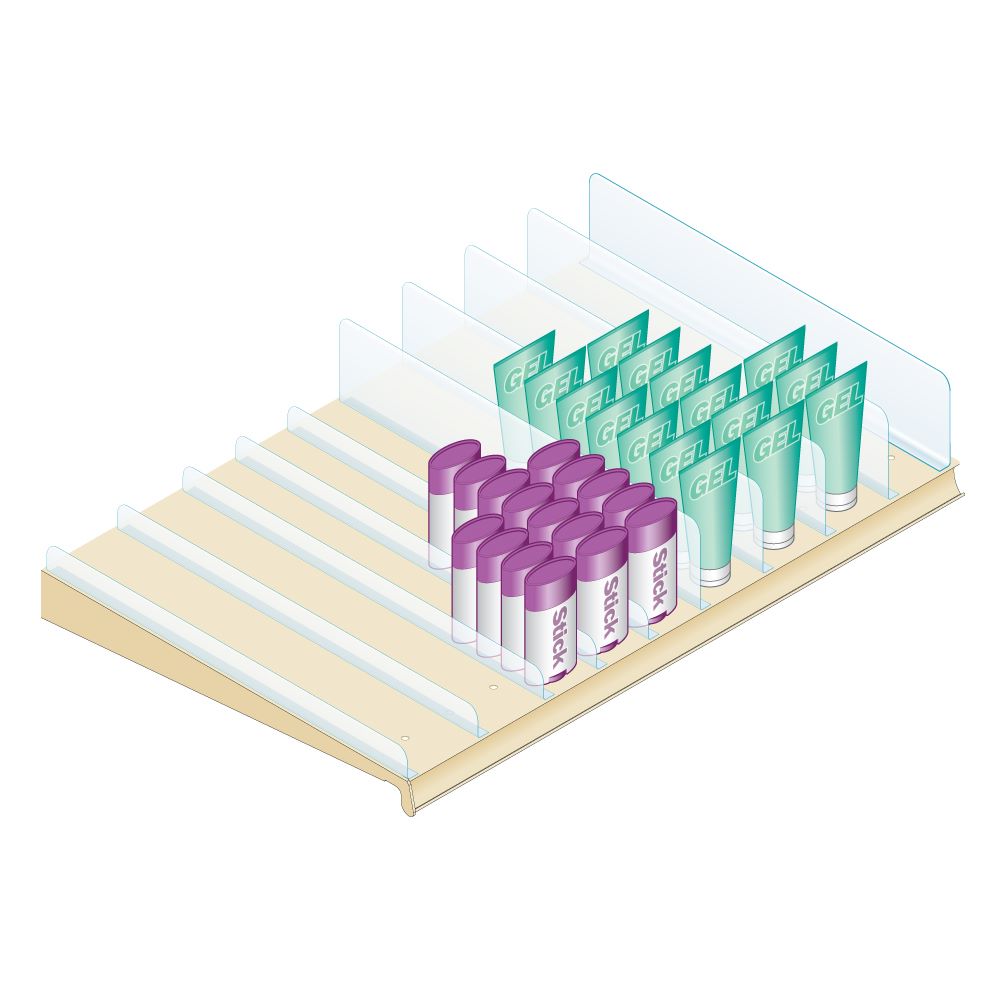 An Illustration of Shelf Dividers in two heights laid out across a shelf with products
