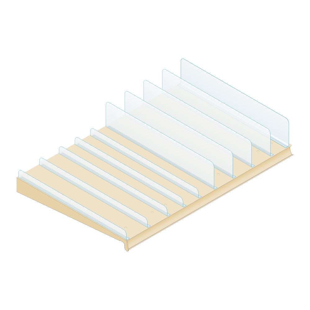 An Illustration of Shelf Dividers in two heights laid out across a shelf
