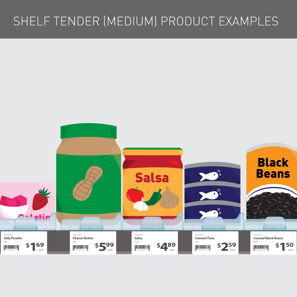 An illustration of different product examples to use with the medium Shelf Tender KwikPull system
