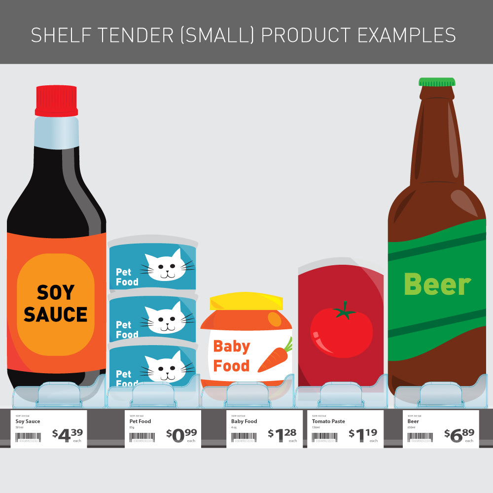 An illustration of different product examples to use with the small Shelf Tender KwikPull system