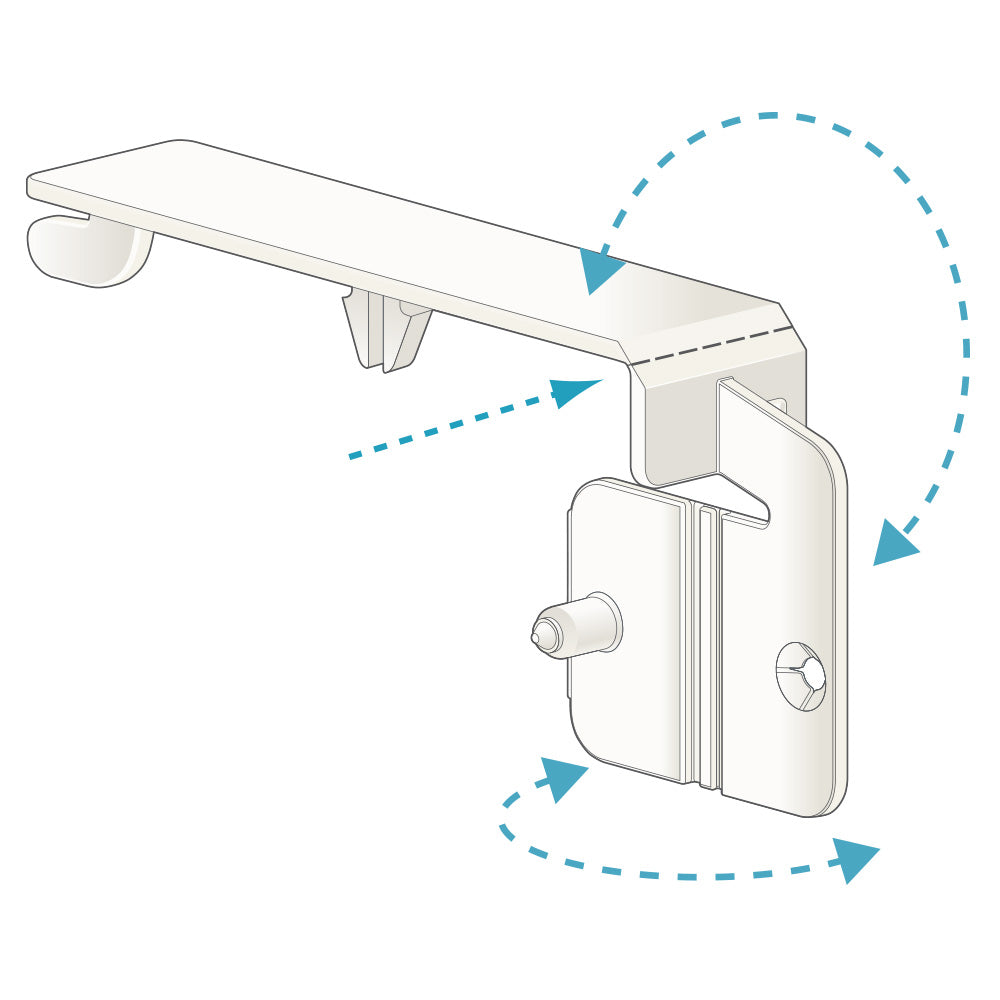 An illustration of the ClipNSnap Top Mount, Right Angle Sign Clip and Grip showing all points of movement
