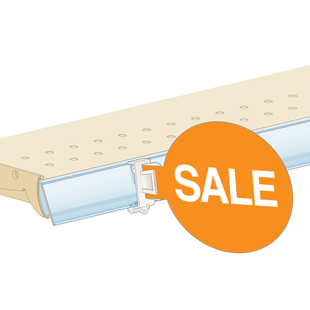 An illustration of the ClearVision Clip-Over, Right Angle Sign Clips and Grips installed into a ticket molding on a shelf, holding a "Sale" sign