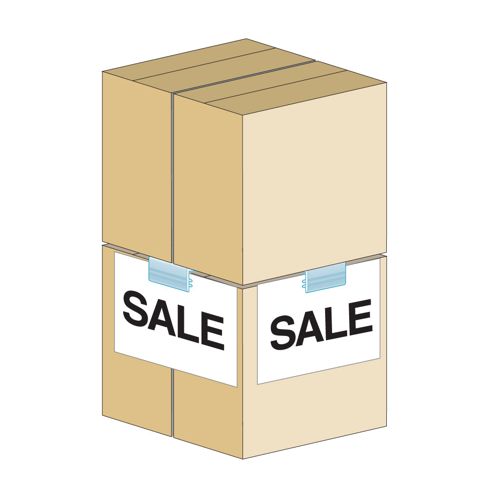 An illustration of the PowerGrip Pallet Display Sign Clips and Grips between stacks of boxes holding large "sale" signs