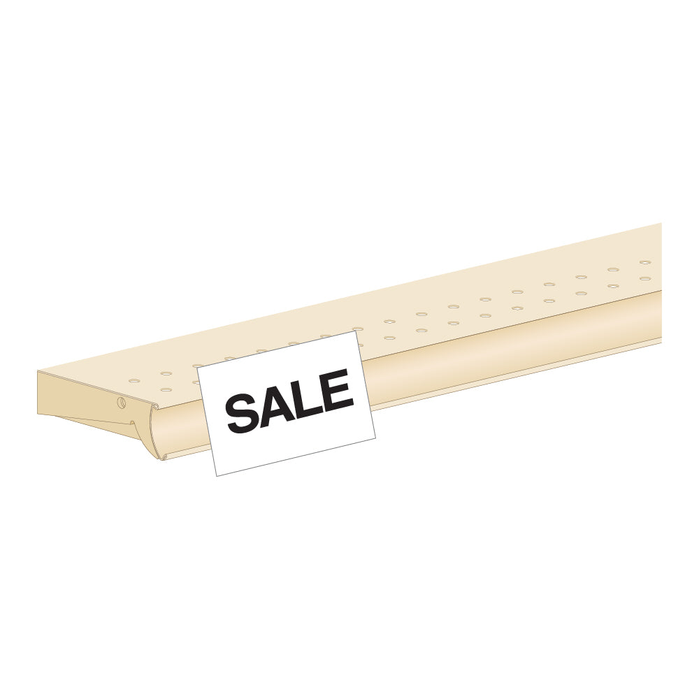 An illustration of the Clip-In, Flush, Adhesive Front Sign Holder installed into a shelf edge holding a "Sale" sign