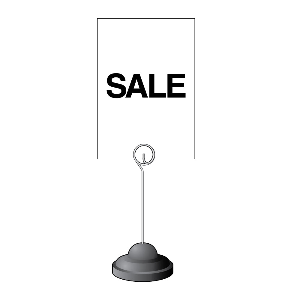 An illustration of the 3 inch Spiral Clip, Contour Base Sign Holder holding a "sale" sign