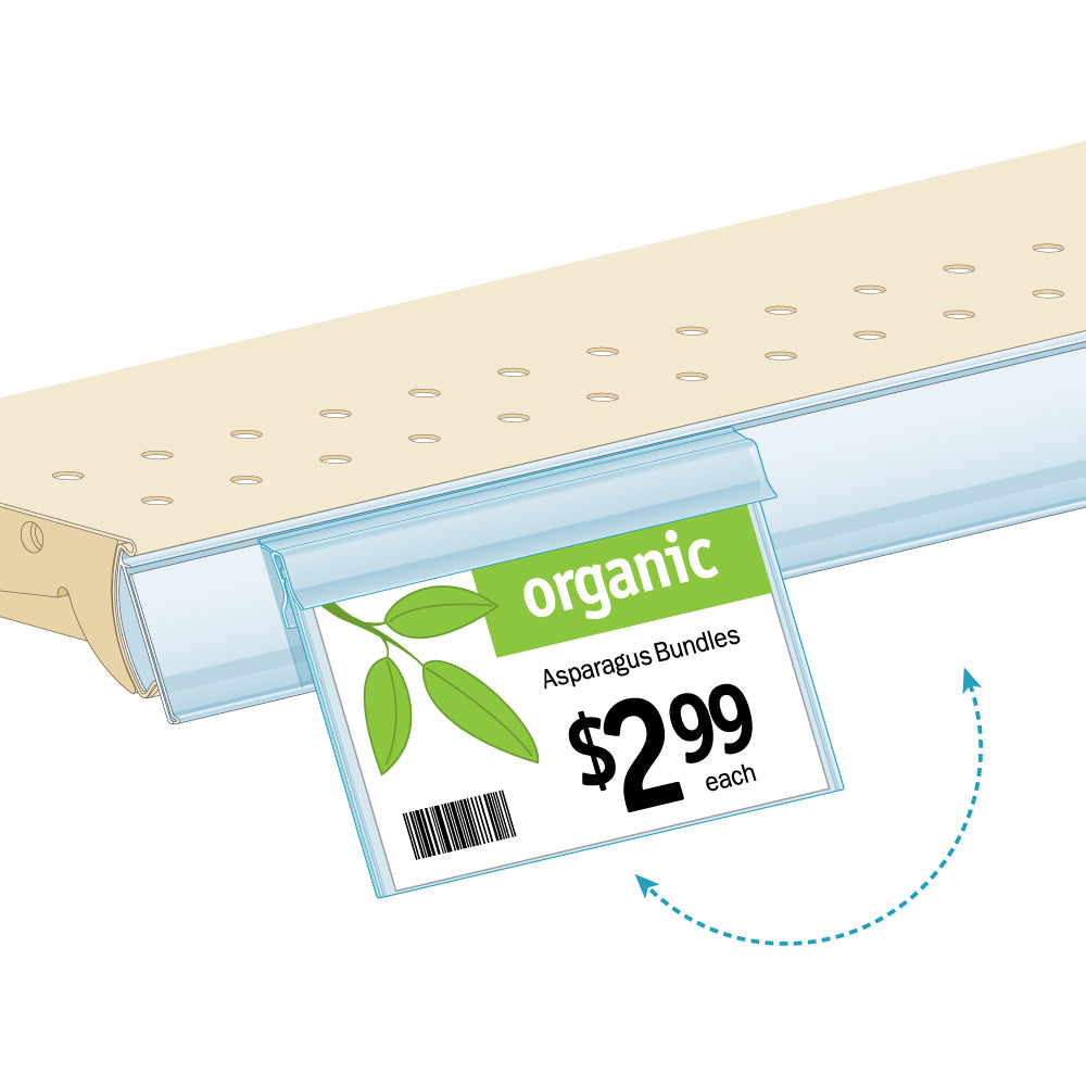 An illustration of the Fluid Resistant Pouch Sign Holder with a price sign inserted, installed into a ticket molding