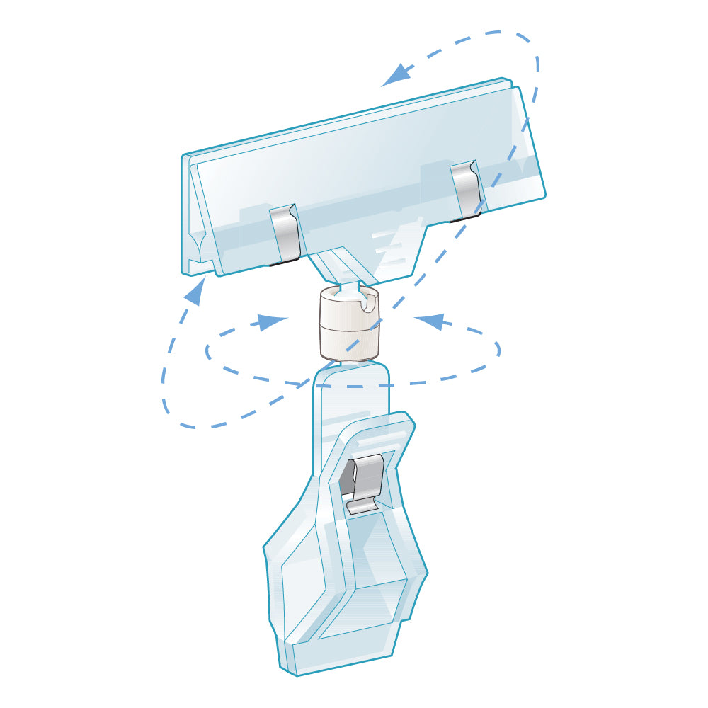 An illustration of the TwistKlip Display Clip with Large Clip in clear with arrows indicating range of movement