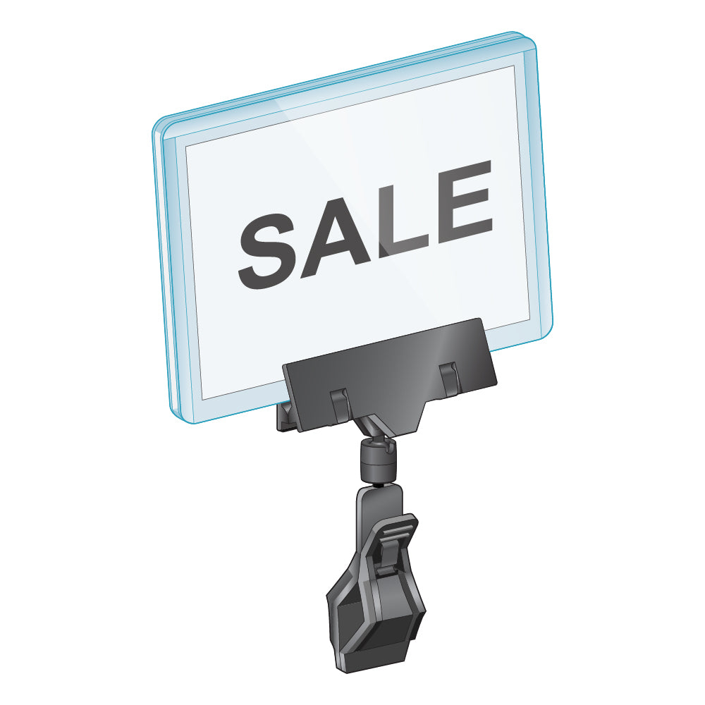 An illustration of the TwistKlip Display Clip with Large Clip in all black gripping a sign protector holding a 'sale' sign