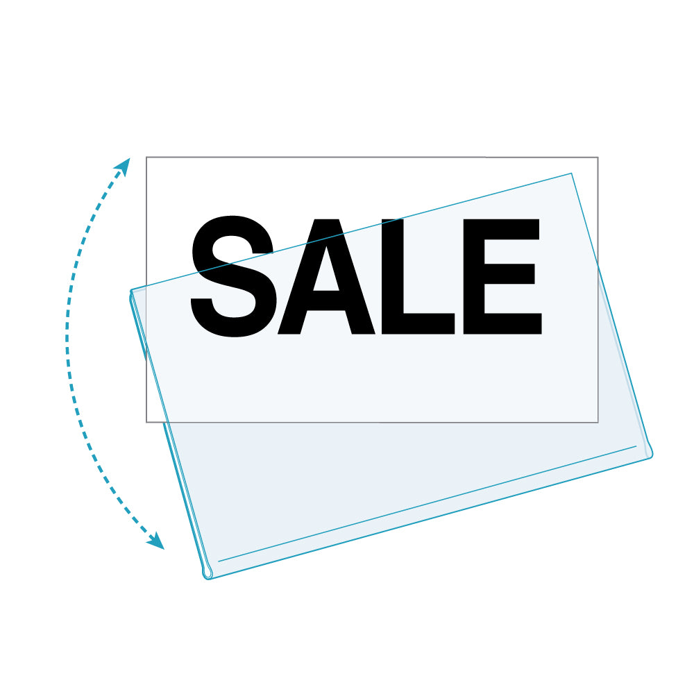 An illustration of the One Fold Sign Protector ShelfTalker in 7" by 5" with a "sale" sign inserted