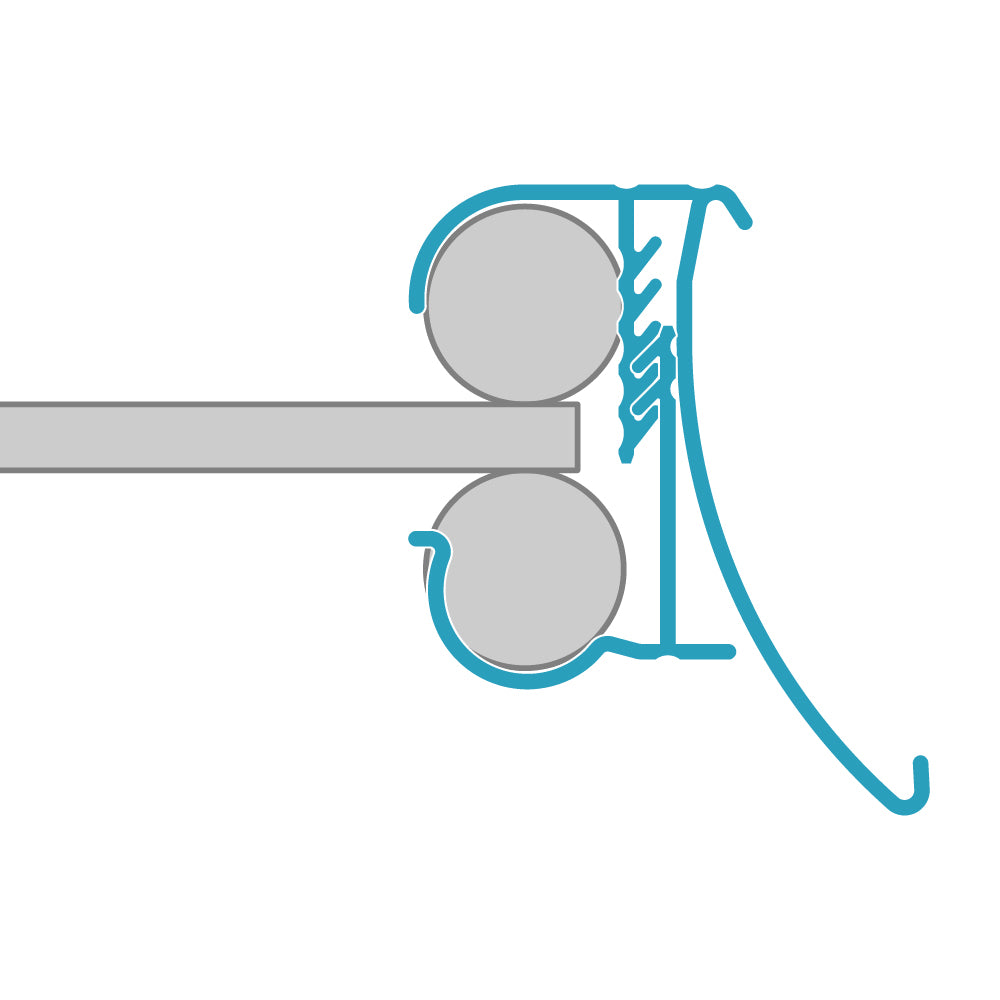 A profile illustration of the FlexKlip Small Shelf Adapter in clear, installed on a double wire shelf
