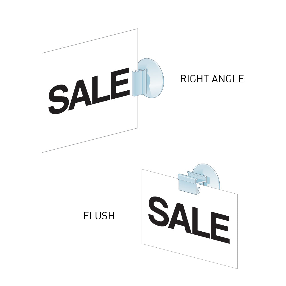 Illustration of the PowerGrip Two-Position Suction Cup holding a "sale" sign in a right angle position and in a flush position