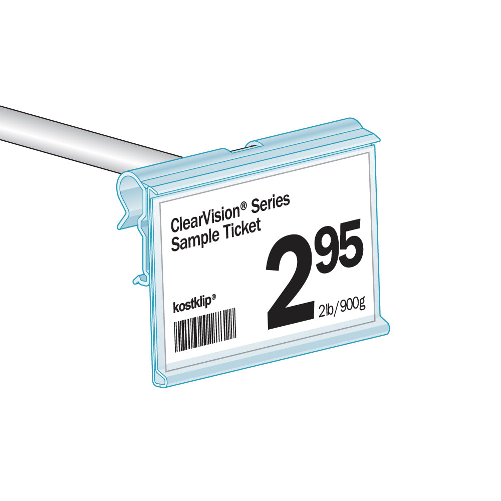 An illustration of the ClearVision T-Wire or Small Plate, Swing-Up Label Holder installed on a scanning hook with a paper ticket