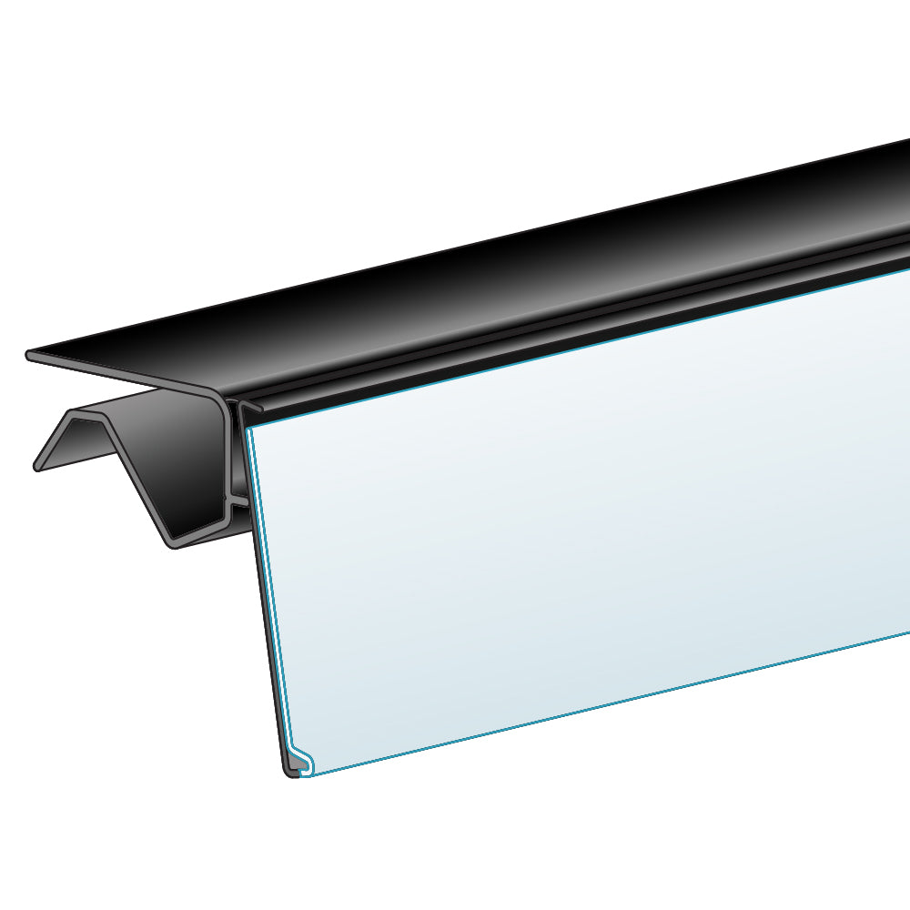An illustration of the ClearVision 0.5"H Single Wire Shelf, Hinged Ticket Molding in black
