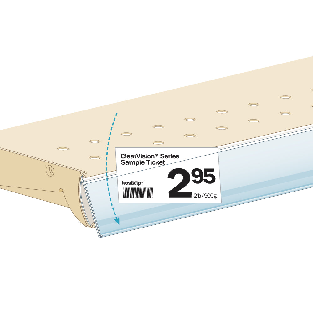 An illustration of the ClearVision C-Channel, Clip-In Ticket Molding in white installed into a shelf with a price ticket being inserted