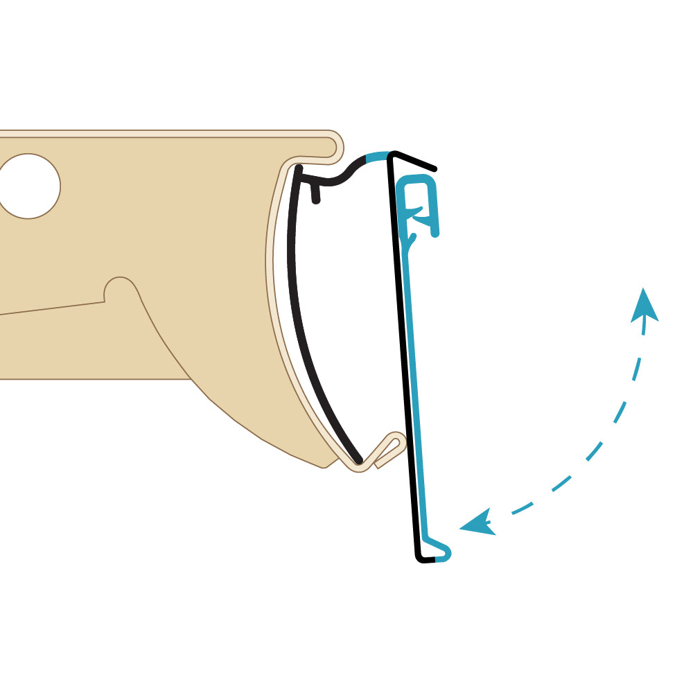 A profile illustration of the ClearGrip C-Channel, Clip-In, Hinged Ticket Molding installed in a Lozier shelf