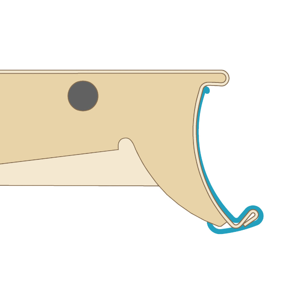 A profile illustration of the ClearSaver Channel Protector Ticket Molding installed on a shelf