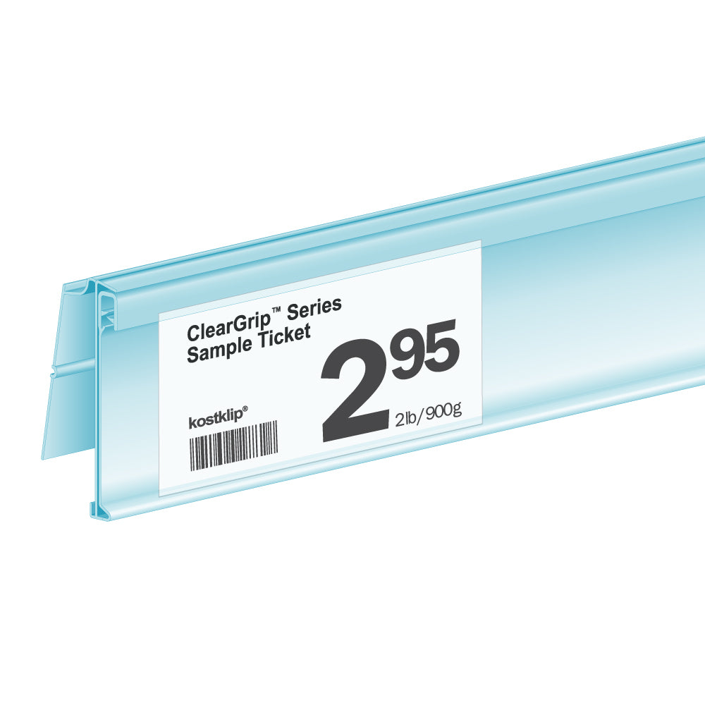 An illustration of the ClearGrip FlexChannel, Clip-In, Hinged Ticket Molding in clear with price ticket