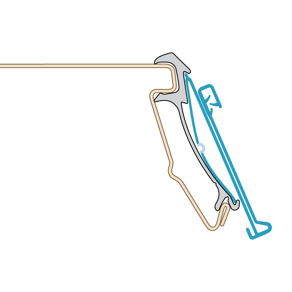 A profile illustration of the ClearGrip FlexChannel Clip-In Ticket Molding installed in a Madix PTM shelf