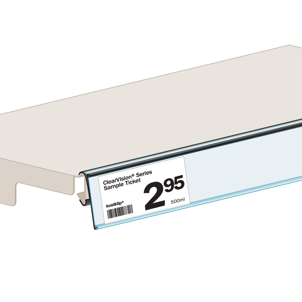 An illustration of the ClearVision Bullnose, Clip-On, Hinged Ticket Molding in black installed on a shelf edge with a price ticket