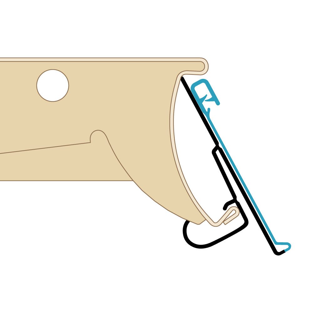 A profile illustration of the ClearGrip Clip-Under Ticket Molding installed.