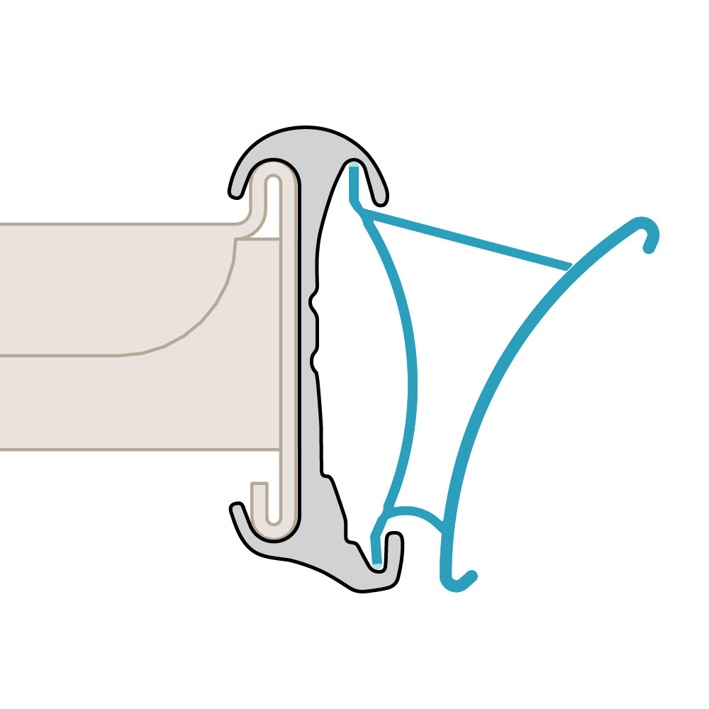 A profile illustration of the FlexKlip Dual Angle Shelf Adapter Ticket Molding in a downward position installed into a HillPhoenix shelf edge