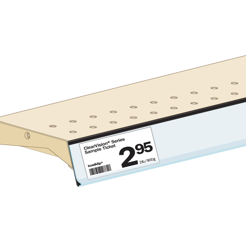An illustration of the ClearVision Flat Mount Ticket Molding in black attached to an angled shelf edge
