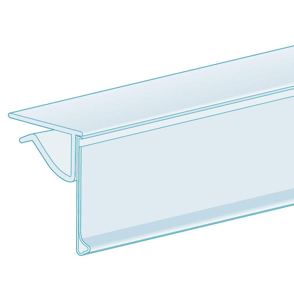 An illustration of the ClearVision 0.25-0.375" Thick Shelf, Hinged Ticket Molding in clear