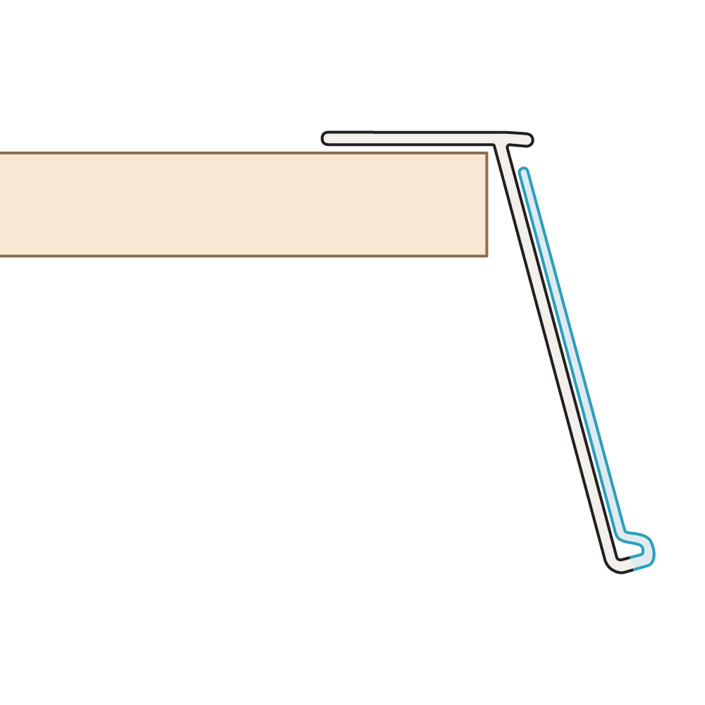 A profile illustration of the ClearVision Top Mount, 15° Angle Ticket Molding installed on a shelf edge
