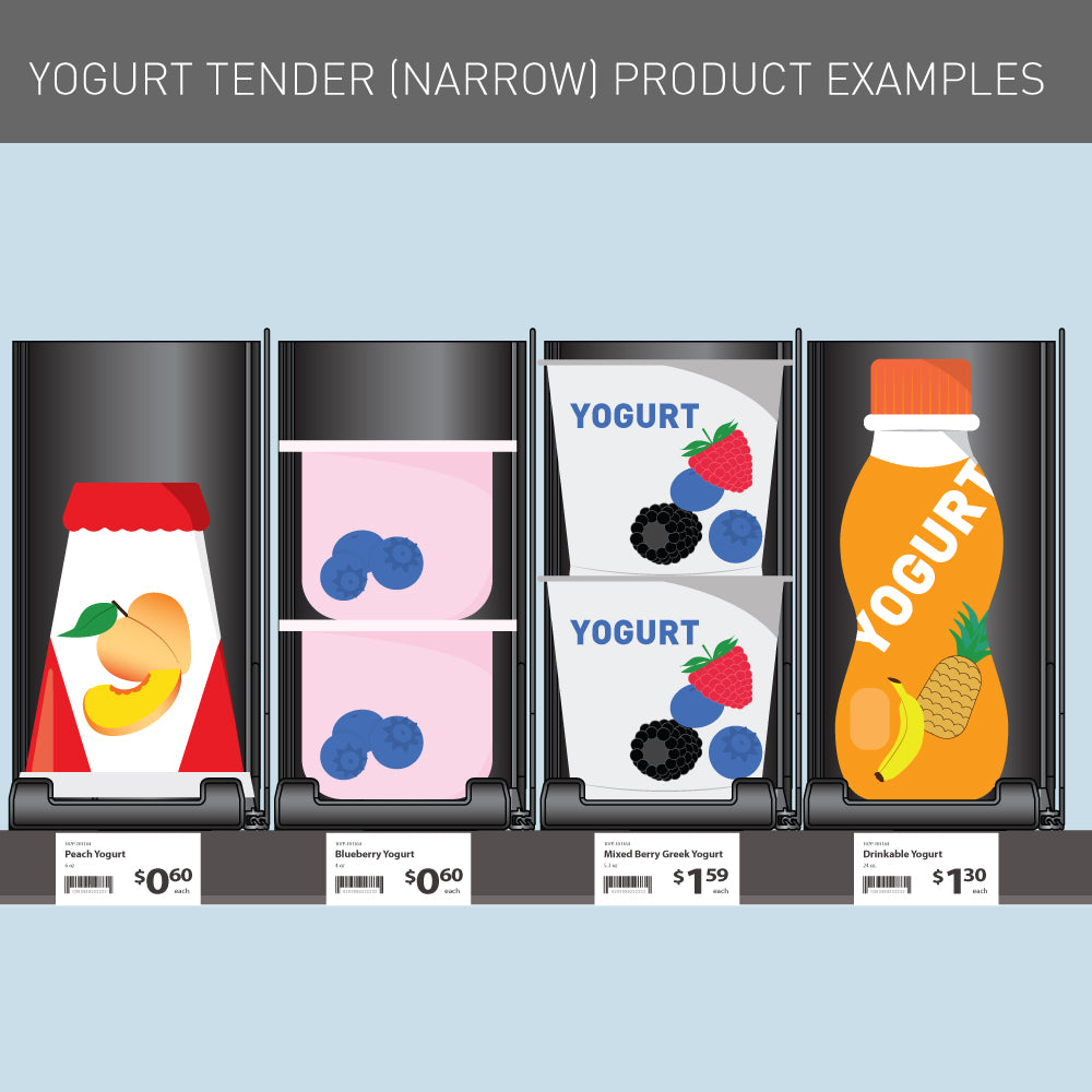 A straight on Illustration of the narrow Yogurt Tender KwikPull System showing different product examples