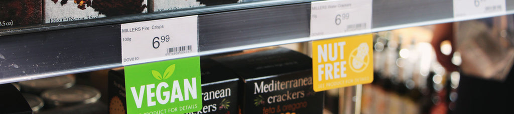 Grocery store shelf edge with clearvision ticket molding and ShelfTalkers