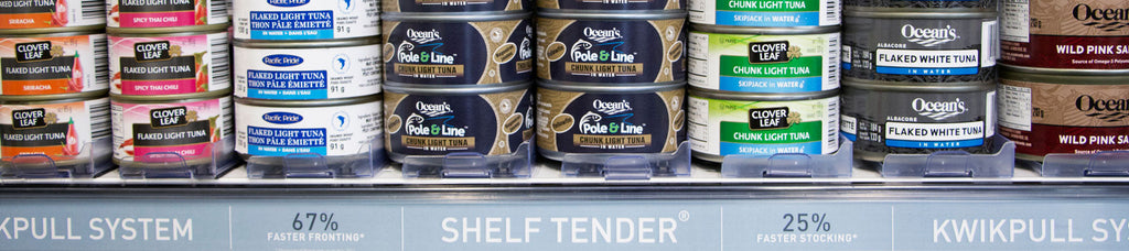 Shelf edge with Shelf Tender shelf management systems with tuna cans stacked on top