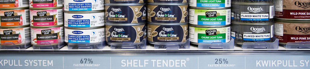 Shelf Edge with Shelf Tender shelf management system. Tuna cans stacked neatly on top.