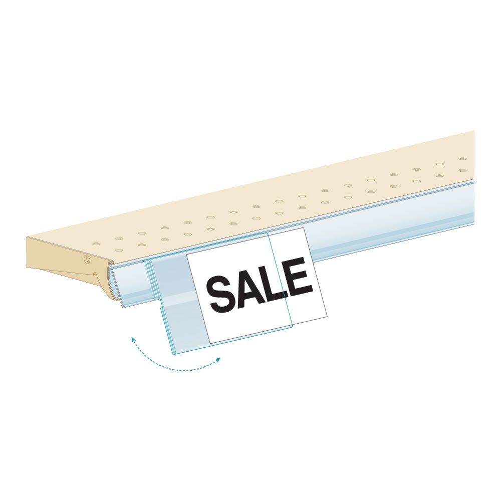 An illustation of the ClearVision Top Position, Clip-Over, 3-Fold ShelfTalker installed into a shelf edge with a "sale" sign