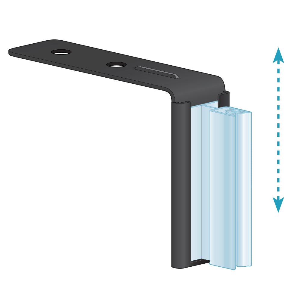 An illustration of the Top Mount, Right Angle, Aisle Sign Holder in black