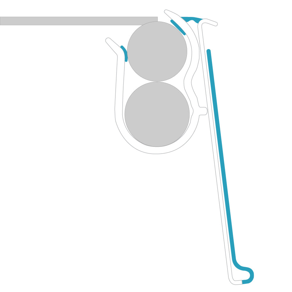 A profile illustration of the ClearVision Atosa, Clip-Under, Hinged installed on a shelf