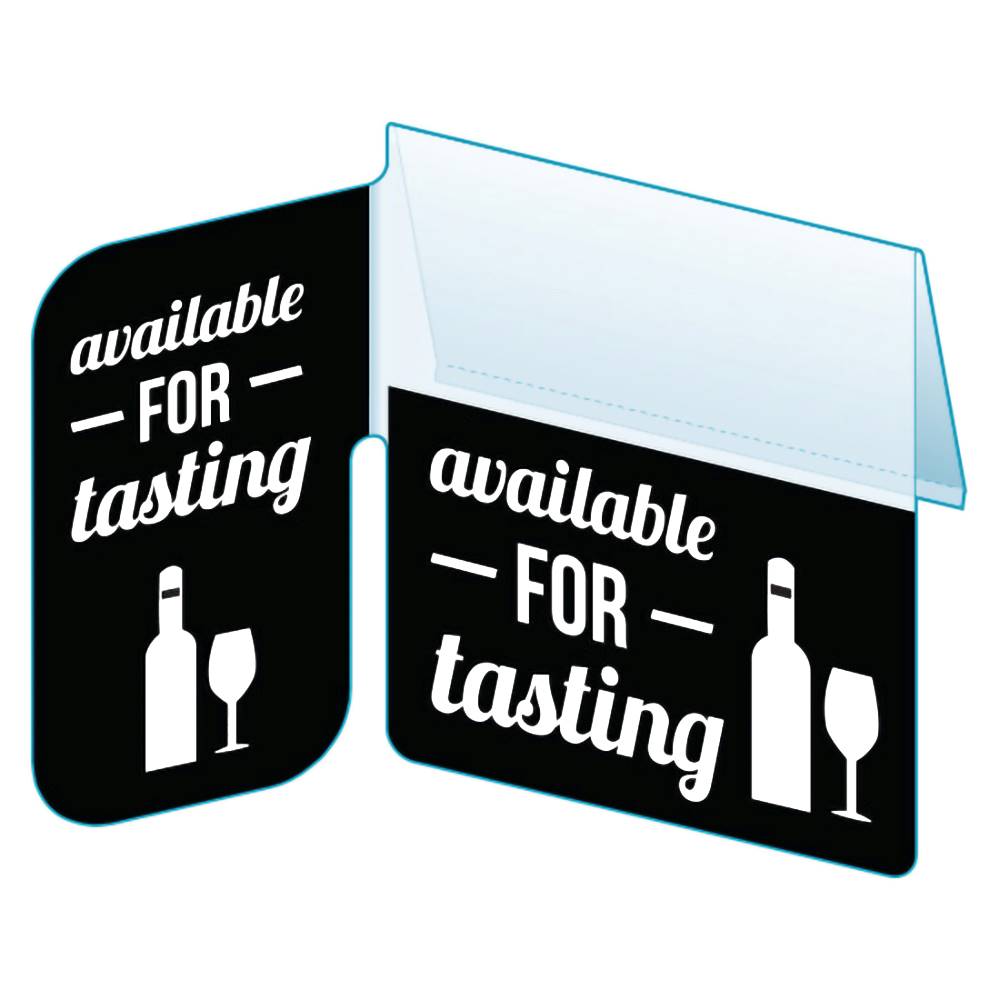 An illustration of the "Available for Tasting" Bib with Right Angle Flag ClearVision ShelfTalkers
