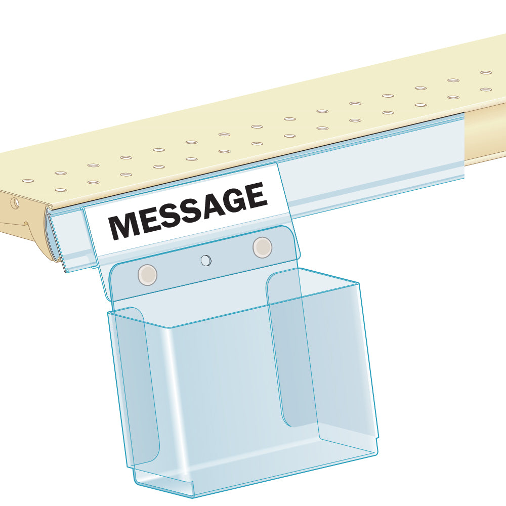 An illustration of the Shelf Edge Brochure Holder, with SnapNLock clipped onto a ticket molding on a shelf edge