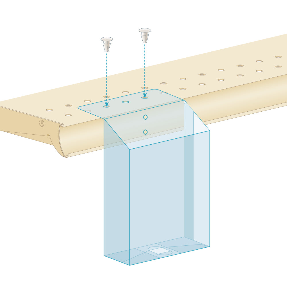 An illustration of the Top Mount Brochure Holder, installed on a shelf edge with pushpins