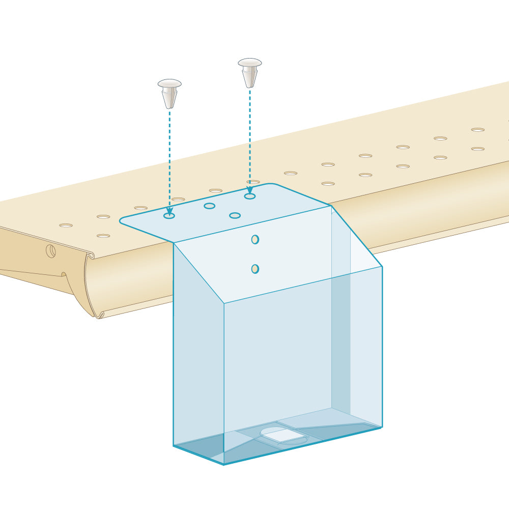 An illustration of the Top Mount Brochure Holder, short, installed on a shelf edge with pushpins